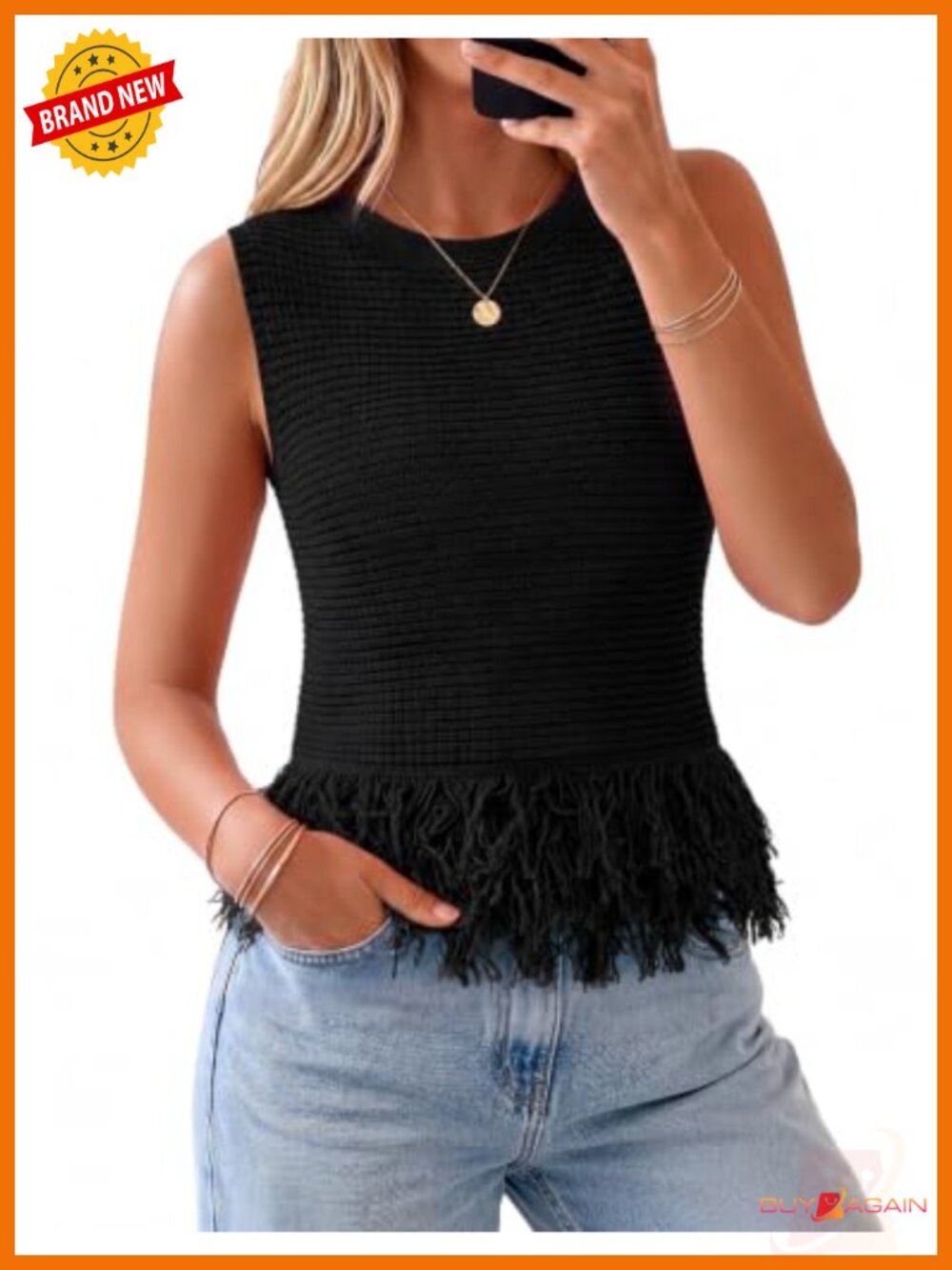 Sleeveless Crochet Pointelle Knit Sweater Vest Fringe Hem Tank Top